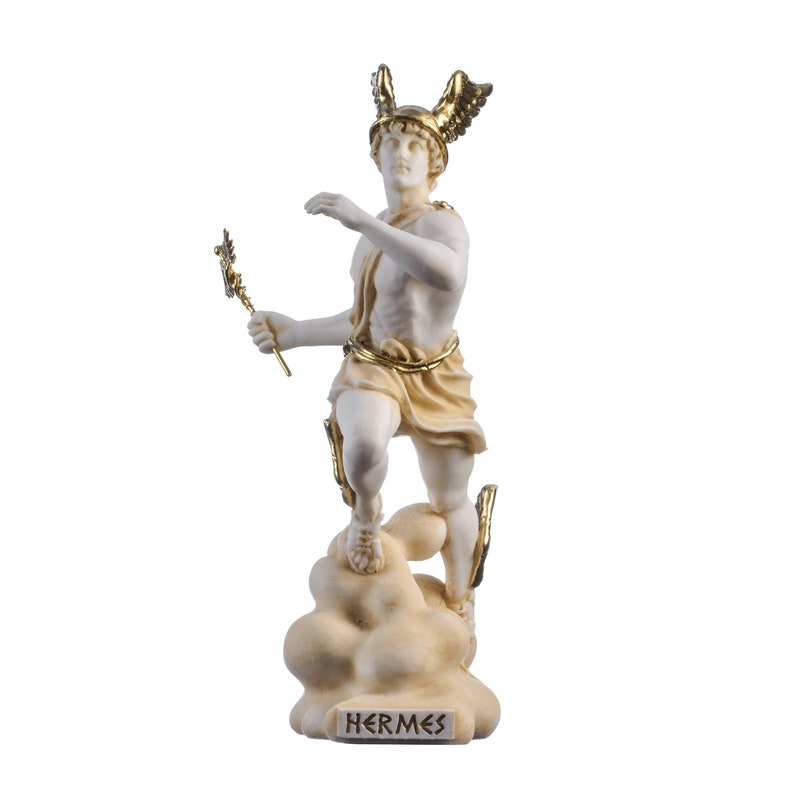 Hermes mercury god zeus son roman statue alabaster gold tone 9" 23cm image 2