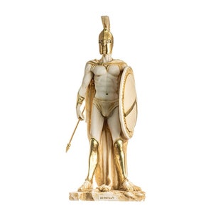 Leonidas statue greek spartan king warrior sculpture figure alabaster handmade gold tone 13.77"