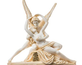 Cupid & psyche statue alabaster greek god eros and soul -nude sculpture, 8.26in