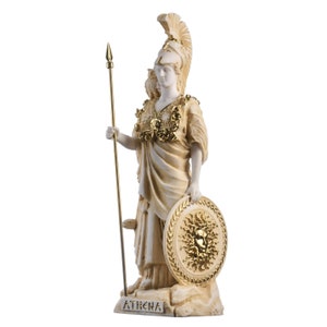Athena with owl medusa shield greek goddess alabaster statue gold 10.6&quot;