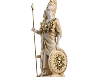 Athena with owl medusa shield greek goddess alabaster statue gold 10.6"