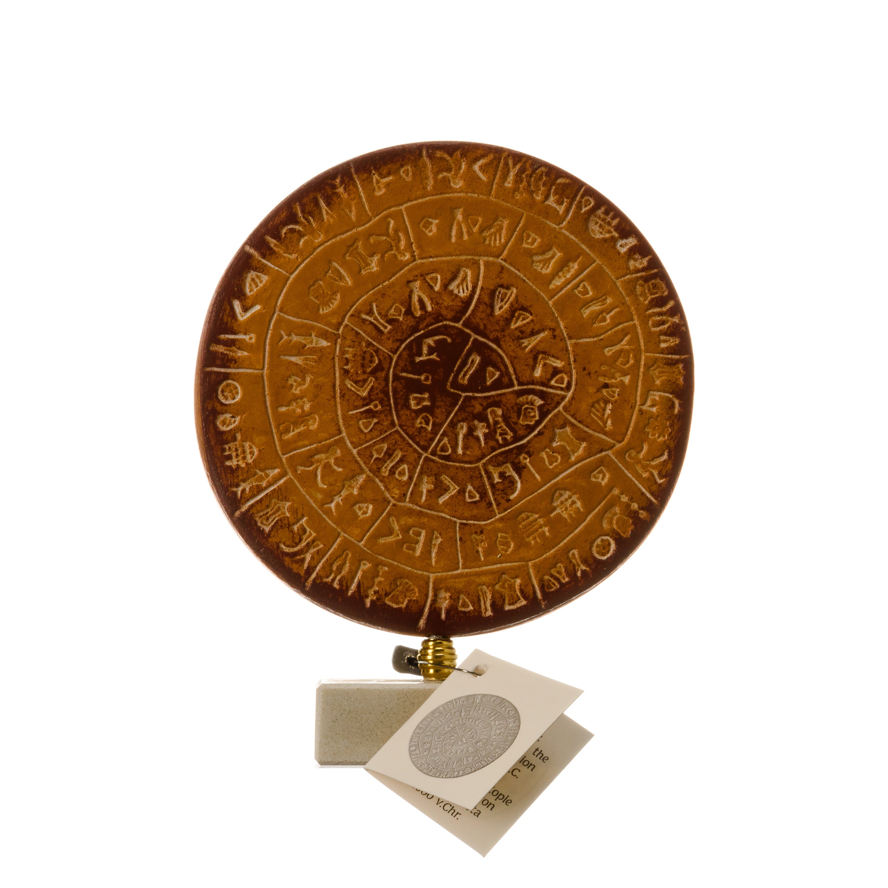 ミノア文明のファイストス円盤、焼成粘土、手作り、ギリシャ美術館