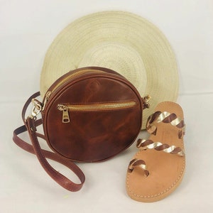 Leather shoulder round bag zipper bag brown beige black handmade cross body saddle vintage handbag purse