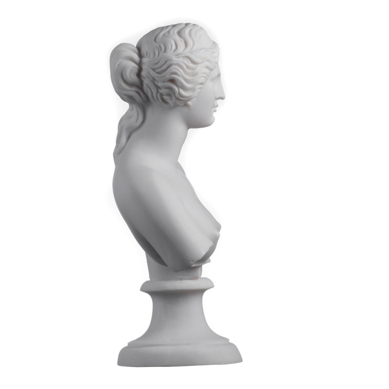 May include: White plaster bust of a woman with a detailed hairstyle. The bust is on a white pedestal.