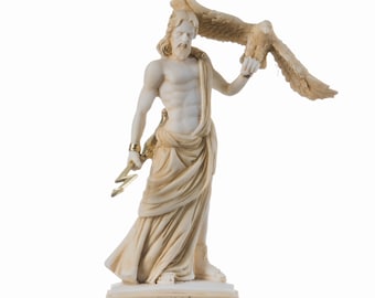 Zeus Greek God Jupiter Thunder Statue Figurine Gold Alabaster 7.48"