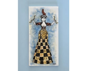 Minoan Snake Goddess Greek Marble Wall Art – Hand-Painted Thassos Marble Tile