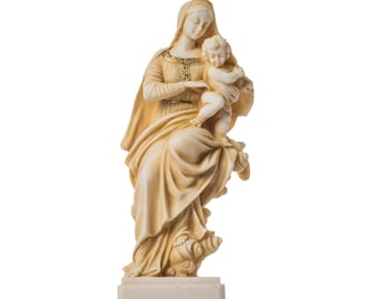 Statue de la Vierge Marie, Mère de Jésus, madone tenant un bébé, albâtre ton or 20 cm