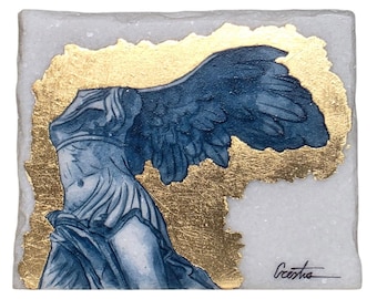 Winged Victory Greek Art on Thassos Marble – Hand-Painted Gold Leaf Decor
