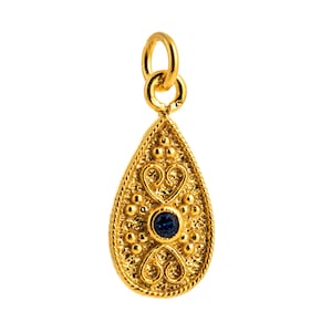 Byzantine teardrop blue cubic zirconia pendant 925 sterling silver gold plated vintage retro pendant