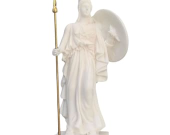 Athena Alabaster Statue Greek Goddess of Wisdom and War with Shield 6.10''