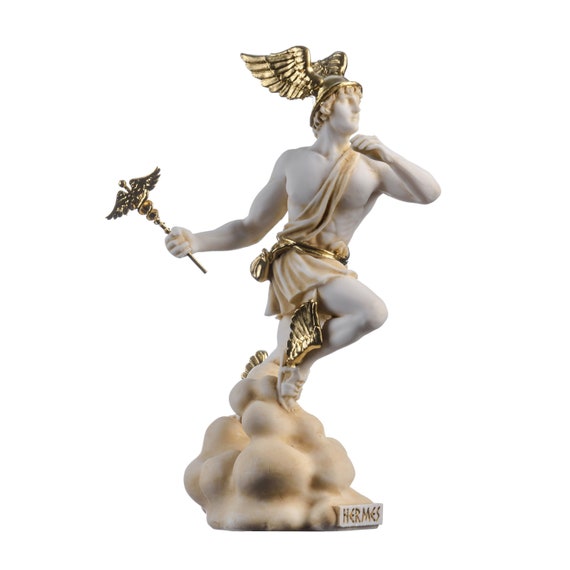 Hermes mercury god zeus son roman statue alabaster gold tone 9" 23cm