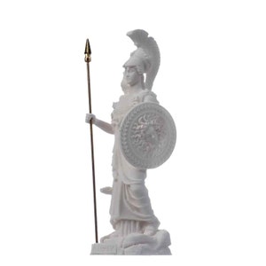 Athena with owl medusa shield goddess of wisdom, handicraft, and war alabaster statue 6.69&quot;