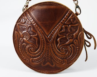 Embossed leather shoulder round bag natural tan brown black handmade pyrography floral design cross body saddle vintage handbag purse