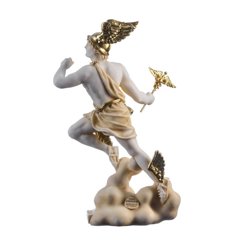 Hermes mercury god zeus son roman statue alabaster gold tone 9" 23cm image 4