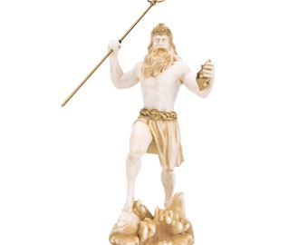 Poseidon Greek God of The Sea with Trident Statue Figurine Gold Alabaster 6.5 Inches