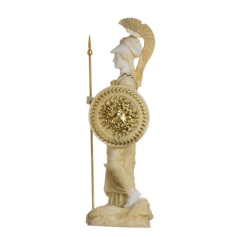Statue D'Athéna En Albâtre Avec Hibou Et Bouclier De Méduse Doré – 27 Cm – Déesse Grecque De La Sagesse - 12