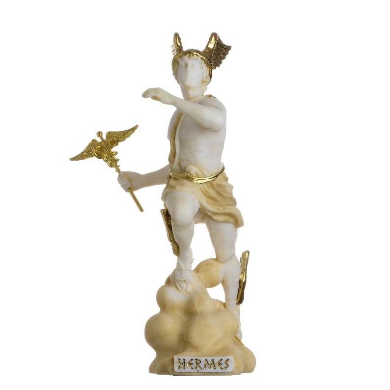 May include: A white marble statue of Hermes, the Greek god of messengers, travelers, and thieves. He is depicted standing on a cloud, holding a winged staff, and wearing a winged helmet. The statue is painted with gold accents.