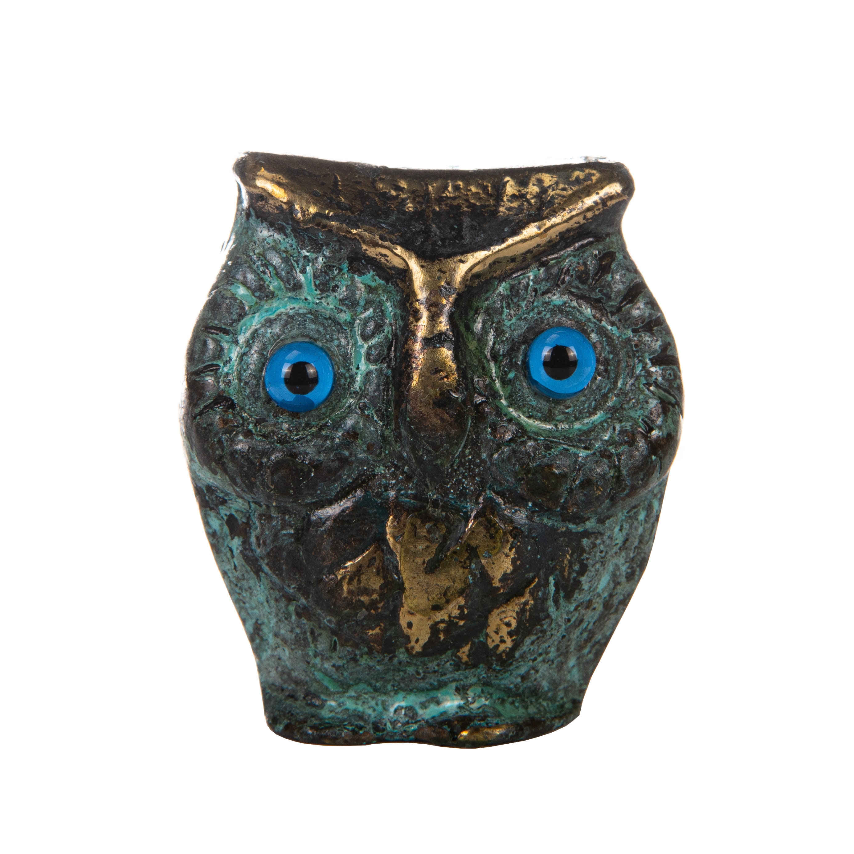 Eagle-Owl Solid Bronze Statue Miniature Figure Ancient Greece Green Gold 1.65 inches