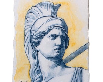 Athena Greek Goddess of Wisdom on Thassos Marble – Hand-Painted Art with Gold Tones