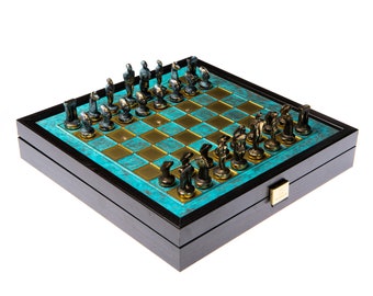 Manopoulos Cycladic Art Chess Set Blue Oxidized Board Bronze Chessmen 10.2x10.2 Inches