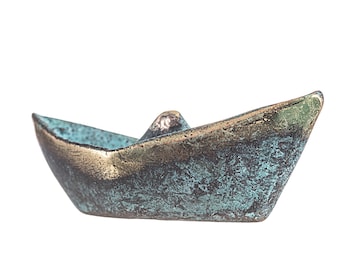 Greek fishing boat ship solid bronze decor miniature sculpture green-gold oxidization