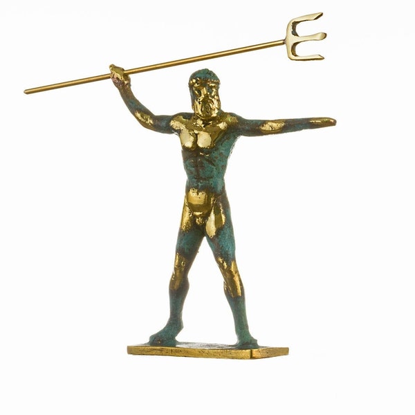 Poseidon greek god of the sea with trident statue handmade solid bronze  5.5"