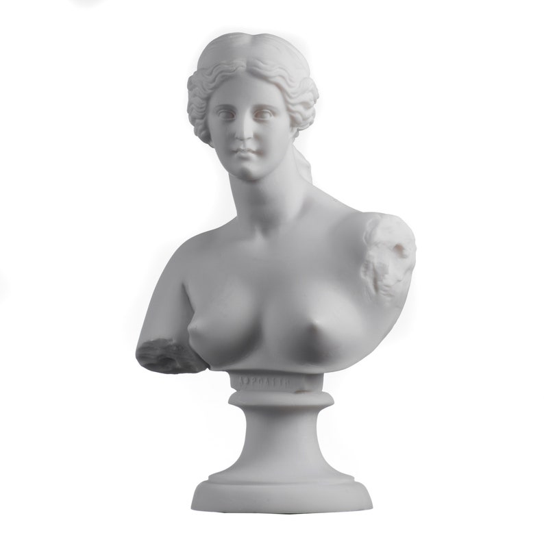 May include: White marble bust sculpture of a woman with a detailed hairstyle. The bust is on a white pedestal.