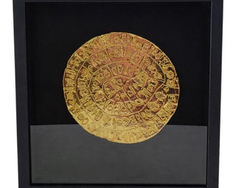 Phaistos Disc Replica – Gold Plated Bronze in Wooden Frame with Glass – Ancient Greek Minoan Artifact – Gift Box Included