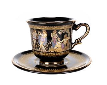 Juego de 6 tazas de té de porcelana con platillos de dioses griegos antiguos con meandro, color negro/dorado