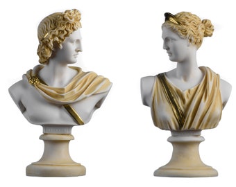 Set 2 busts artemis diana and apollo greek statues figurine gods alabaster gold