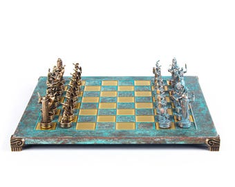 Handcrafted Greek Mythology Chess Set with Blue & Brown Chessmen on Bronze Chessboard – 36x36cm and Wooden Case