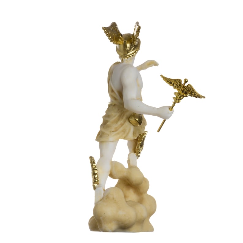 May include: A white marble statue of a Greek god with gold accents. The statue is standing on a cloud-shaped base and holding a staff with a golden eagle on top.