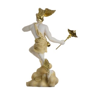 May include: A white marble statue of a Greek god with gold accents. The god is depicted with wings and holding a staff with a snake wrapped around it. The statue is standing on a cloud-shaped base.