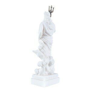 May include: White marble statue of Poseidon, the Greek god of the sea, holding a trident. The statue is standing on a base with a Greek key design. The statue is about 12 inches tall.