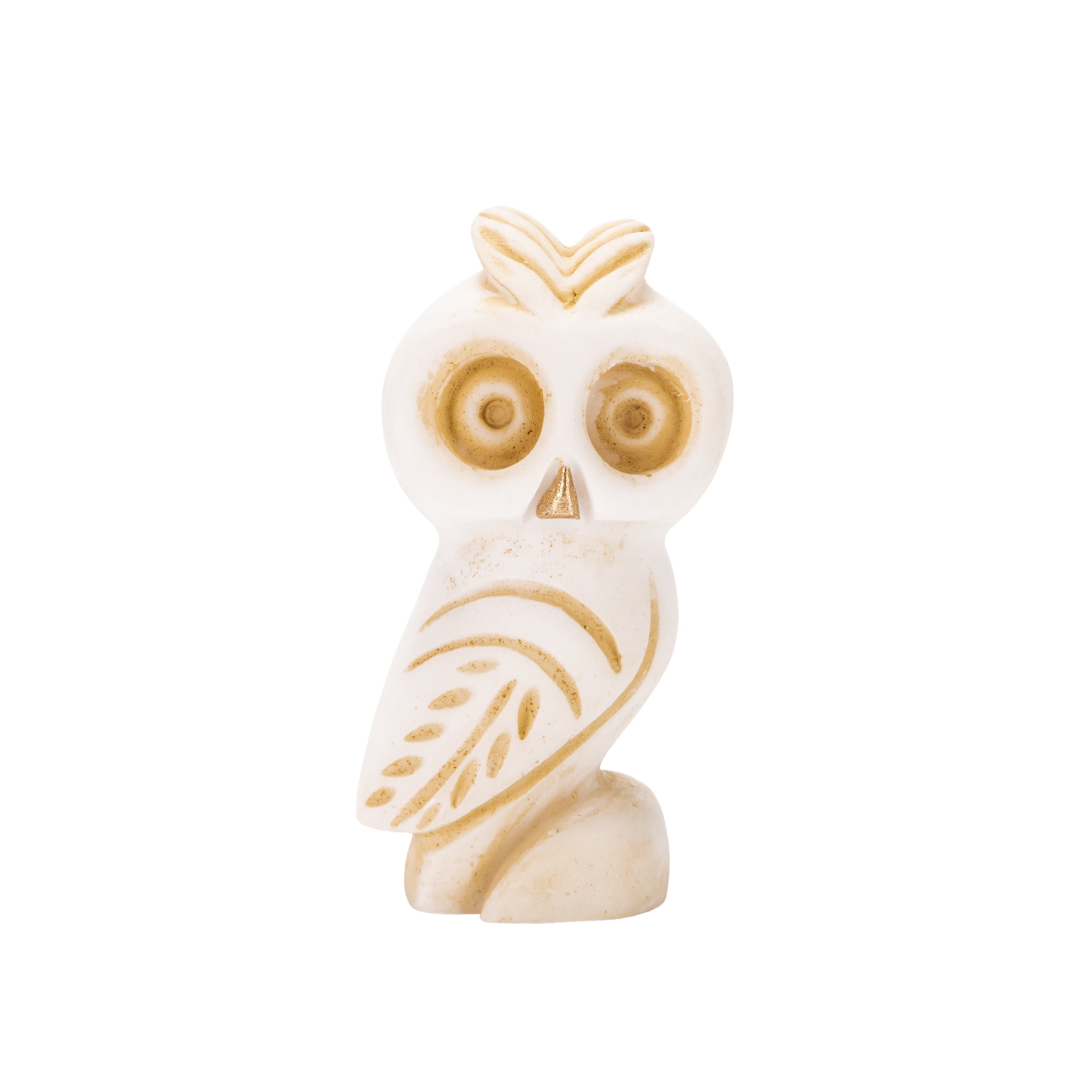 Owl of Athena Symbol of Wisdom Alabaster Sculpture Handmade Gold Tone 3.5 Inches