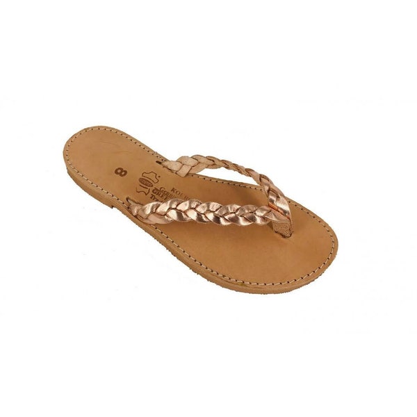 Gold brown braided ancient greek style leather sandals roman handmade womens shoes toe ring summer strappy slip-on slide flat flip-flops