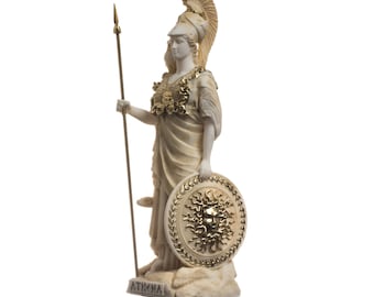 Athena with owl medusa holding shield greek goddess alabaster statue gold 6.69 inches