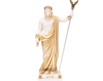 Zeus Greek God Jupiter Thunder Statue Figurine Gold Alabaster 7.08 Inches