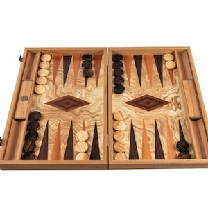May include: A wooden backgammon board, open and ready for play. The board features a light wood grain surface with dark brown and orange triangular points. Black and light wood checkers are arranged on the board, with a decorative diamond pattern in the center.