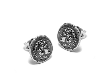 Alexander The Great Silver Stud Earings Coin 10mm Oxidized