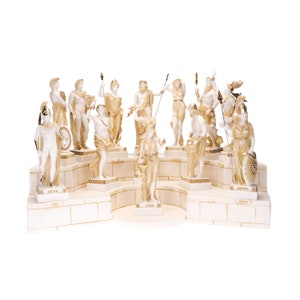 Set 13 Olympian Gods of Mount Olympus Pantheon Gold Tone Alabaster Large Statues With Base