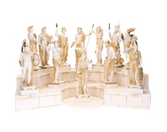 Set 13 Olympian Gods of Mount Olympus Pantheon Gold Tone Alabaster Large Statues With Base