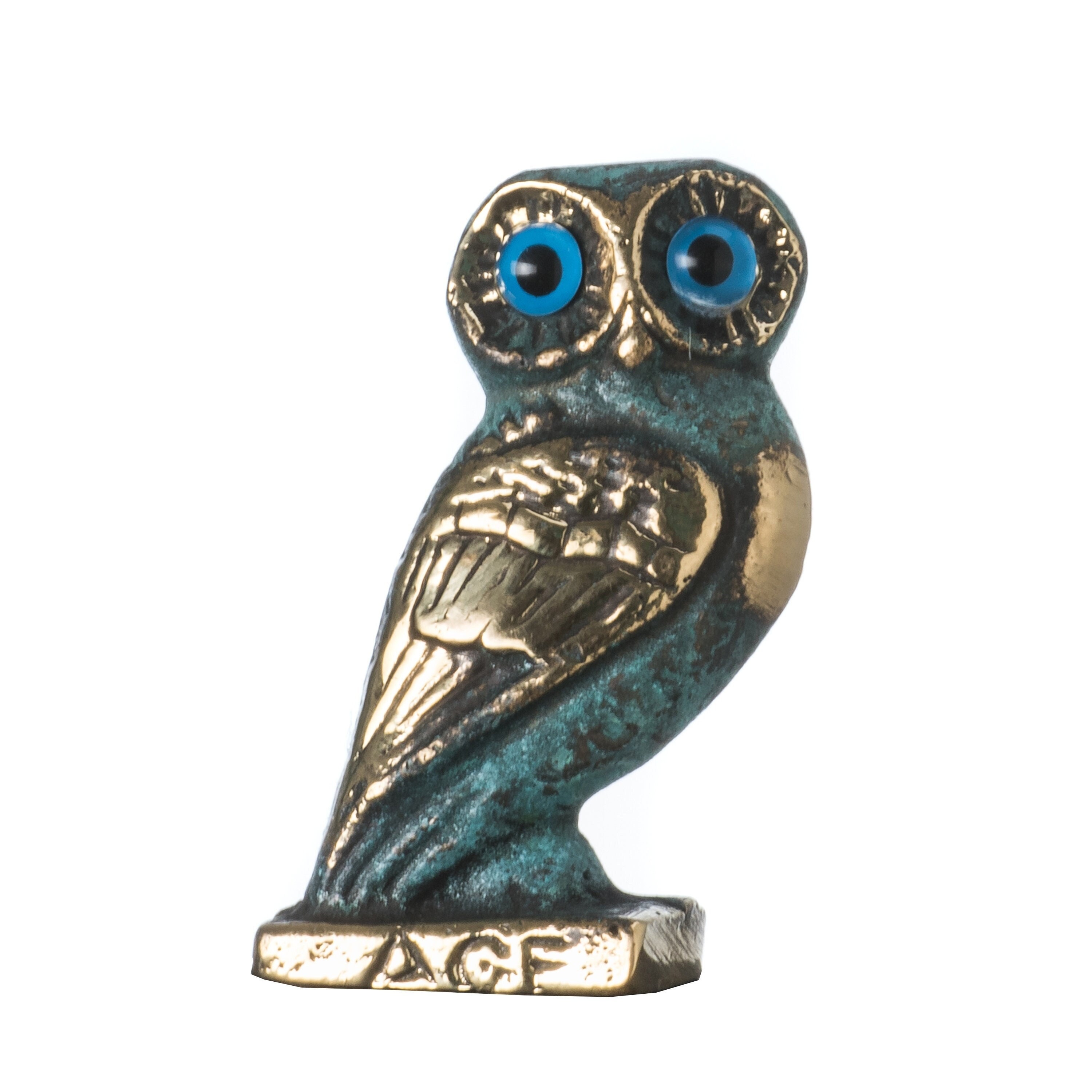 Owl of athens wisdom bronze sculpture ancient greek green-gold handmade 2.1 inches