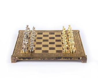 Handcrafted Greek Roman Period Chess Set - Gold/Silver Chessmen and Meander Bronze Chessboard and Wooden Case