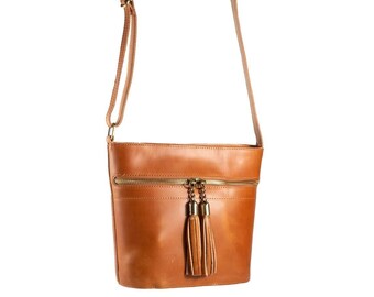 Leather shoulder bag handmade design natural tan beige brown black cross body satchel vintage saddle handbag purse tassel zipper