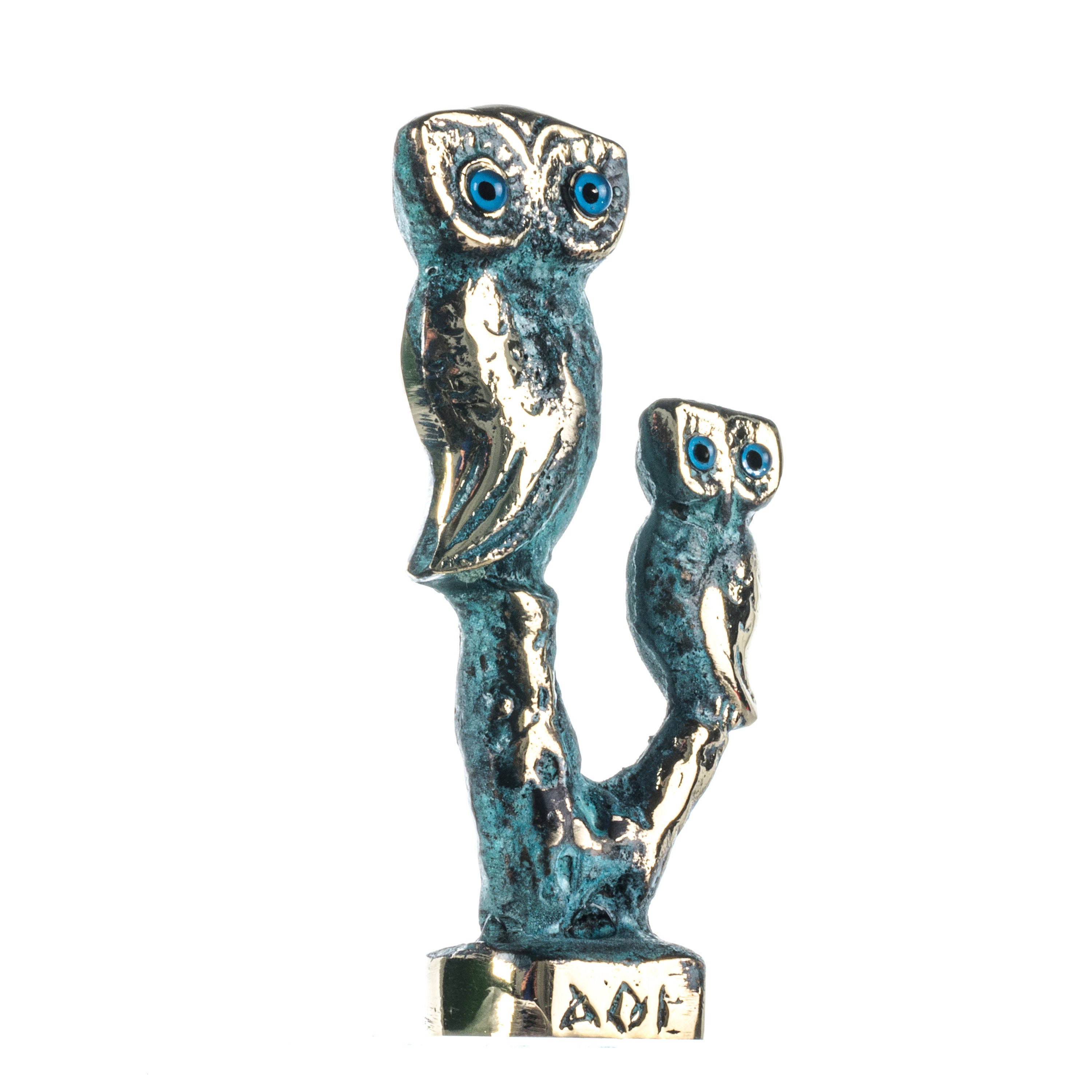 Set Owls of Athens Wisdom Solid Bronze Green-Gold Handmade 4.1 Inches