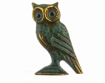 Owl of wisdom solid bronze sculpture owl of athena ancient greek green-gold oxidization