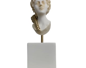 Artemis Diana Greek Goddess Statue Alabaster Gold Tone Bust  5.71" With Base