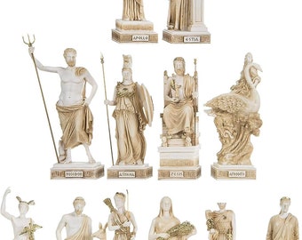 May include: A collection of beige-colored statues depicting Greek gods and goddesses. Each statue is on a rectangular base with the god's name. The statues include Apollo, Poseidon, Athena, Zeus, and others, each holding symbolic items.