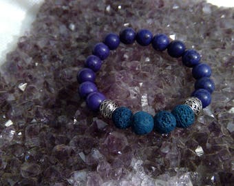 Diffuser bracelet: Genuine Crystal Dark Blue Dyed Howlite Bracelet & Lava Rock 6.5" (0841)